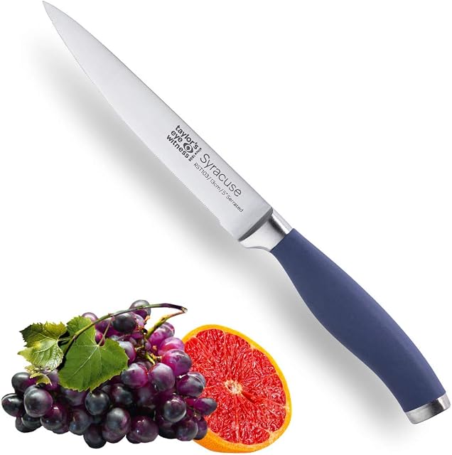 Taylors Eye Witness Syracuse Serrated Utility Kitchen Knife - Professional 13cm/5 Cutting Edge, Multi Use. Ultra Fine Toothed, Razor Sharp Blade. Soft Textured Grip Denim Blue Handle.