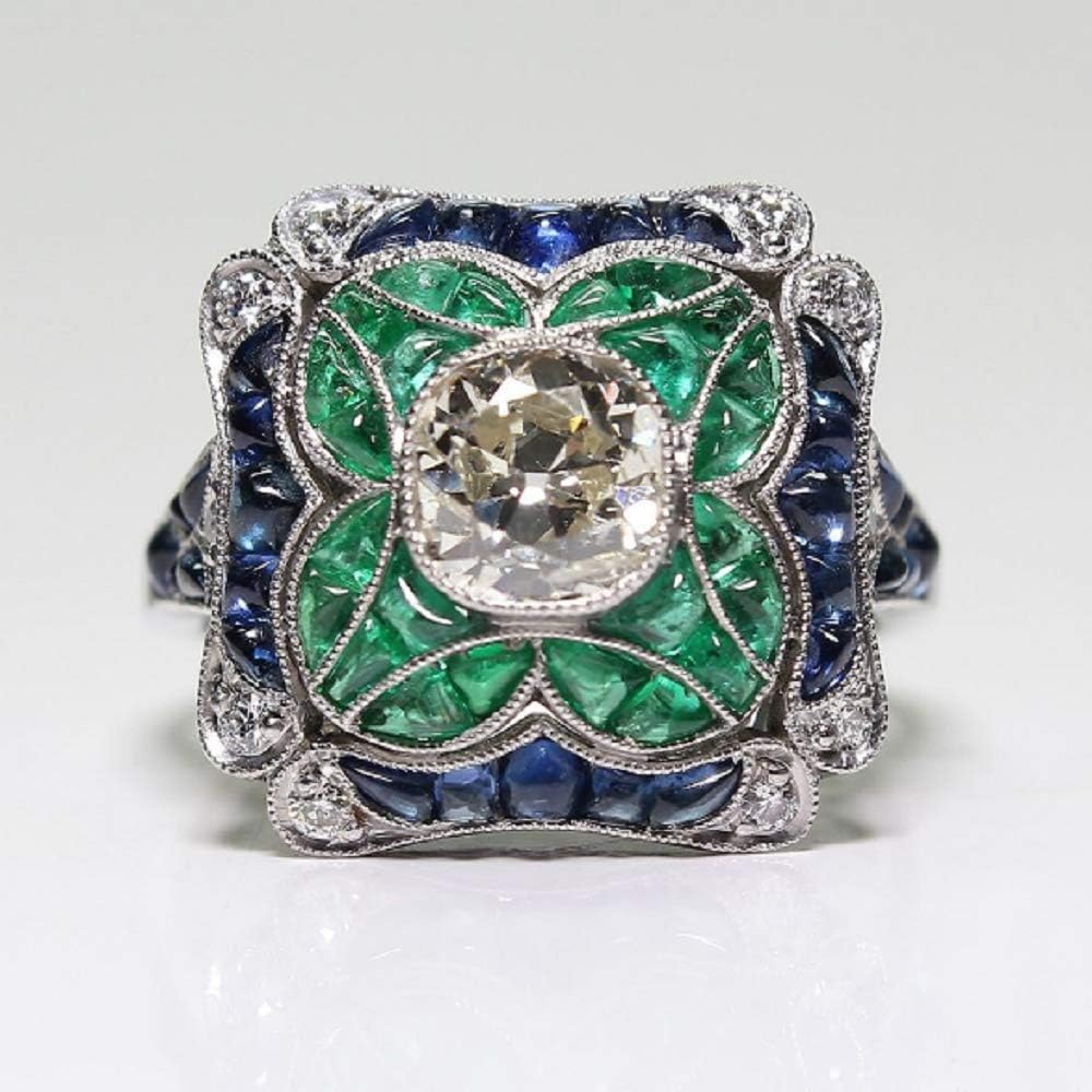 WenbinWenbin Fashion Lady 925 Sterling Silver Vintage Emerald Ring Sapphire Inlay White Topaz Ring Emerald Cut Cubic Zirconia Wedding Ring Size 6-10 (US Code 7)