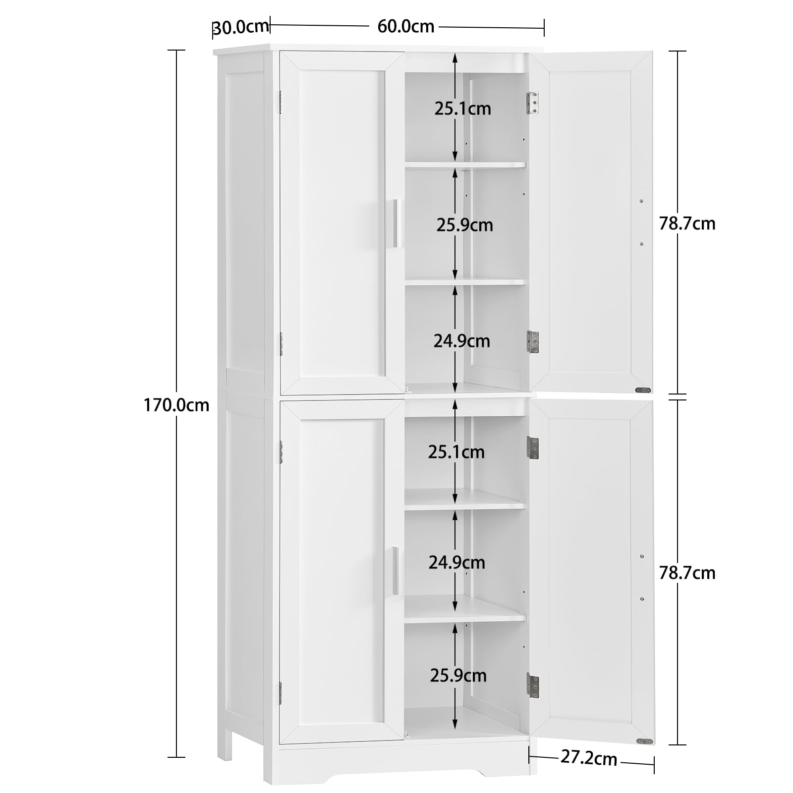 TEENFON Meuble de Salle de Bain, Armoire de Rangement 4 Portes avec Étagères Réglables, Meuble de Rangement Colonne pour Salon, Salle à Manger et Salle de Bain, 60x30x170 cm, Blanc