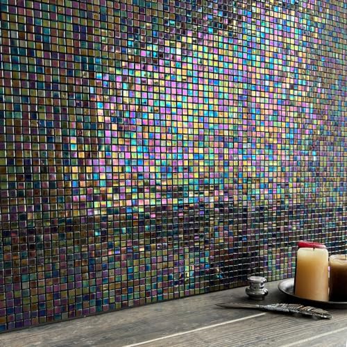 ガラスモザイク シール 295×295mm タイルシール キッチンタイル ステッカー ホテルライク モザイクタイル 内装リメイクシート リフォーム リノベ 簡単DIY 赤 茶 青 黒【ガラスタイル シール オーロラ 545 ネオンシティ 1枚販売】
