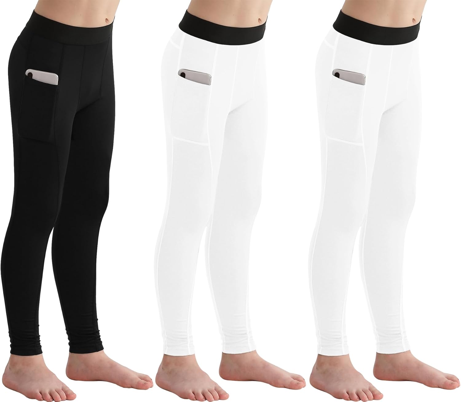 3 Pack Youth Boys Compression Leggings Athletic Pants Basketball Base Layer Football Workout Tights with Side Pockets