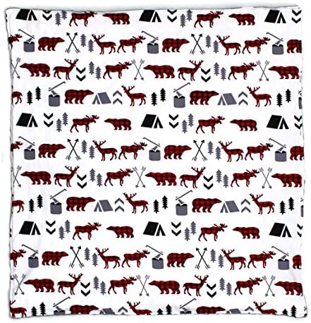 Dear Baby Gear Baby Blankets, Woodland Adventure Bear Moose Lumberjack Plaid, Minky Grey, No Ruffle, 31 Inches by 31 Inches