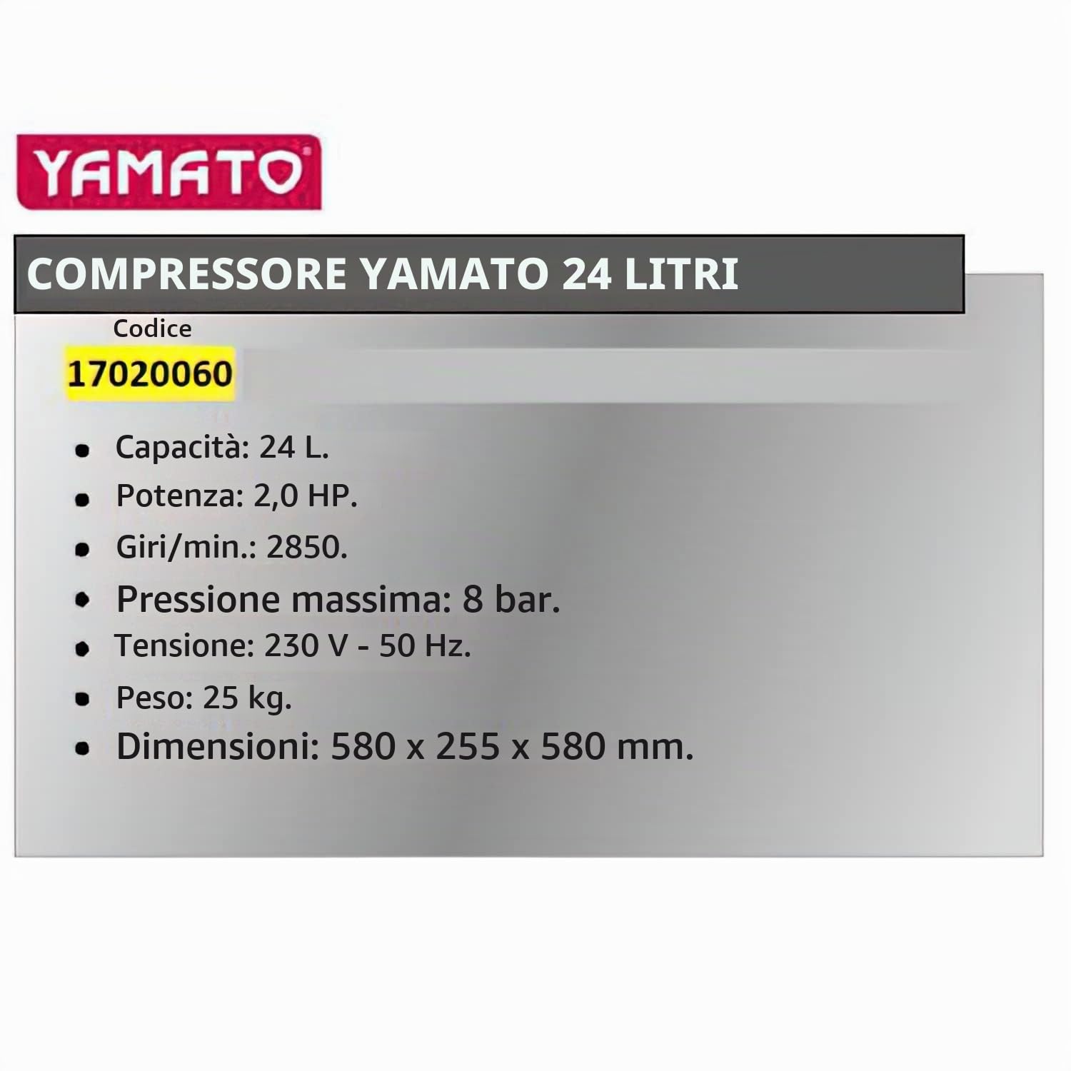 YAMATO Elettrocompressore carellato coassiale Yamato 24 litri 2 HP 8 Bar