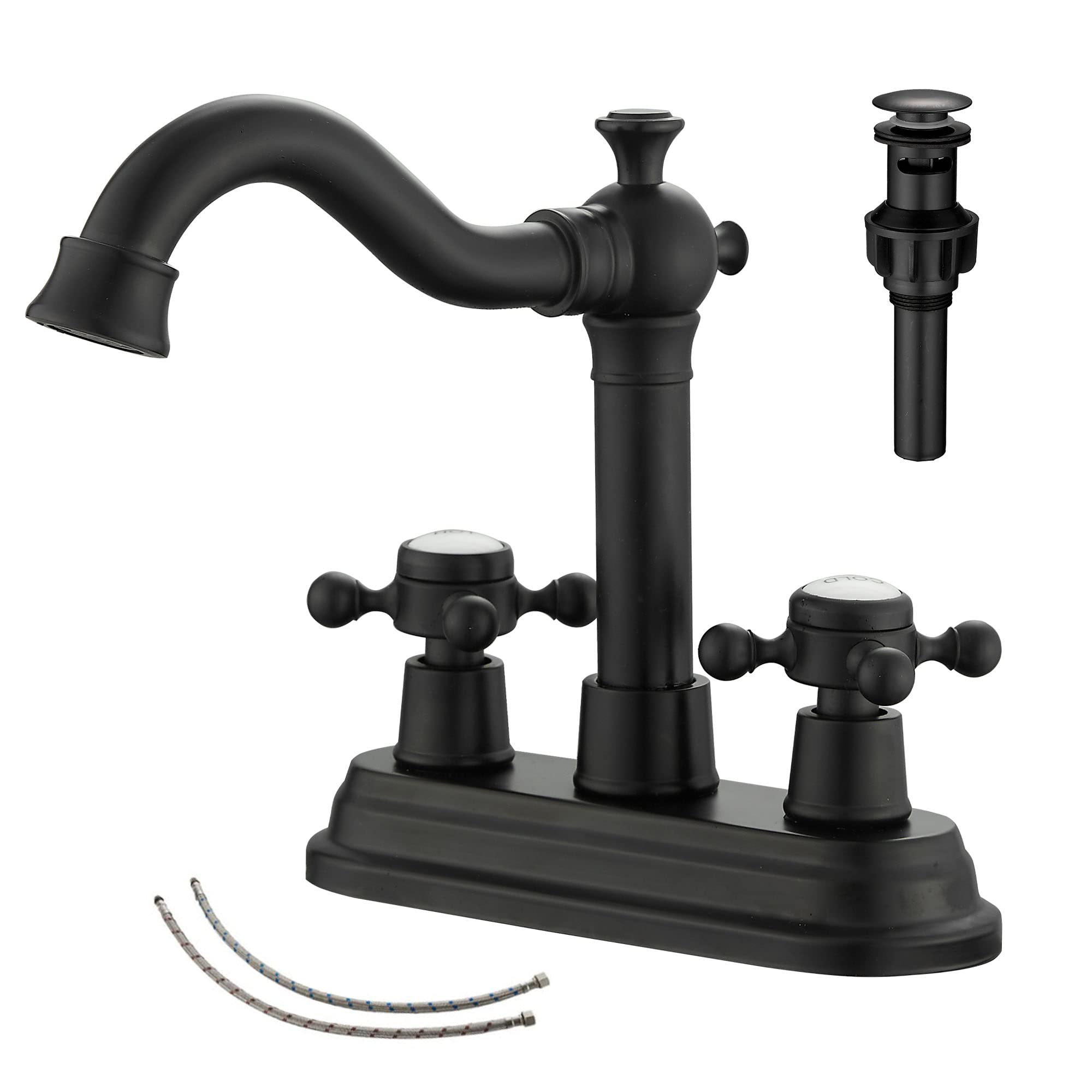 GGStudy Bathroom Faucet Matte Black 2 Handles 4 Inches Centerset RV Black Bathroom Vanity Faucet with Drain Assembly and Supply Hose Lavatory Faucet