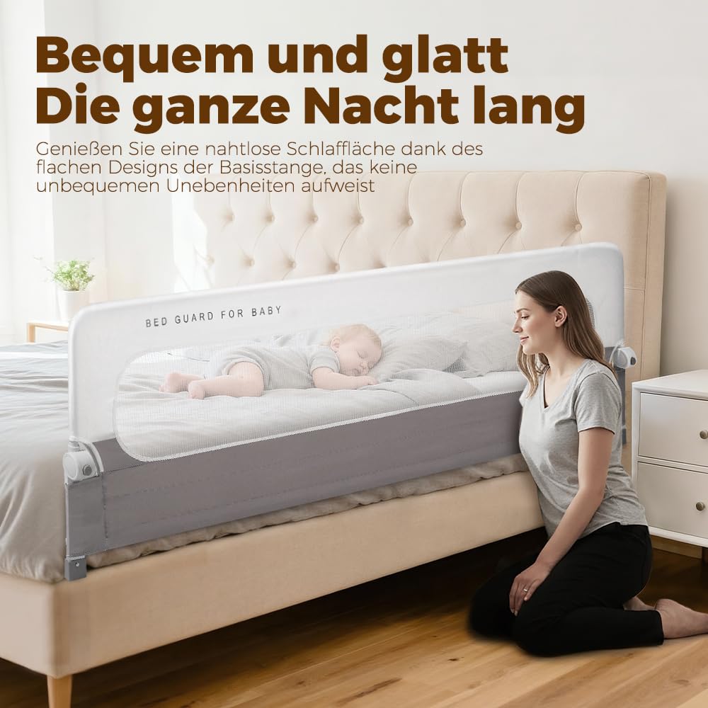 Playpals Baby Bettgitter 150 cm, faltbar & Aufgerüstete U-förmige Basis | 60 cm Höhe stoßfest, Knopf zum Zusammenklappen für den Zugriff, fester Ankergurt, für Queen-, King-, Twin- und Doppelbett