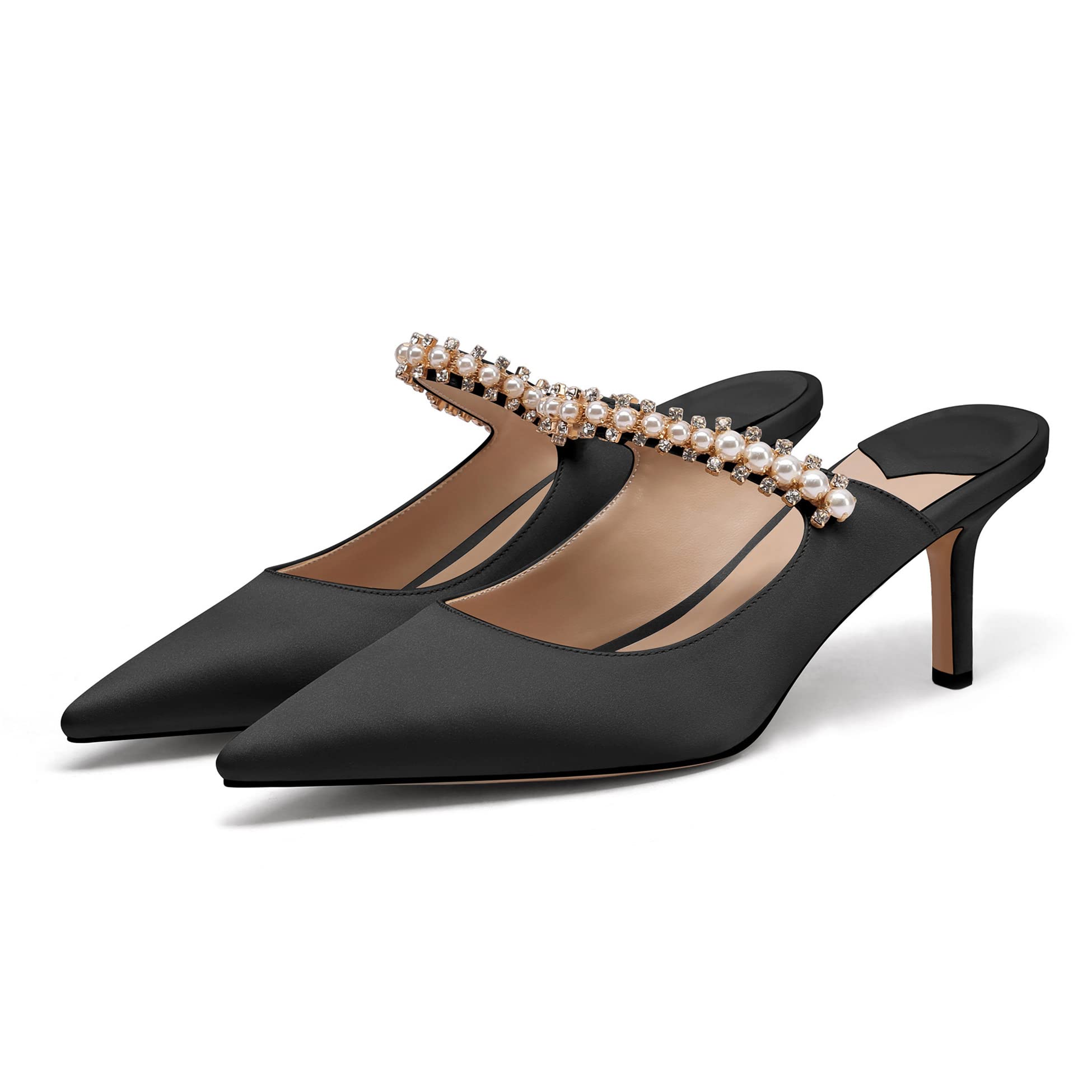 JANSEVEN Mules Flats For Women Closed Toe Flat Sandals With Rhinestone Pointy Slip On Patent Leather 4 Inches Bridal Wedding Shoes Sexy