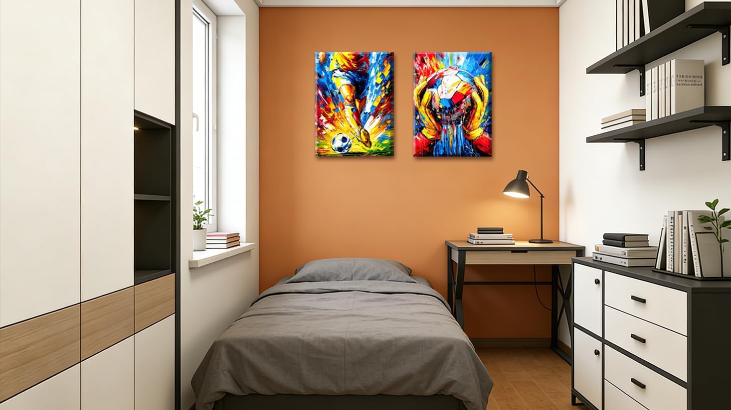Frimeeme 2Pcs Graffiti Soccer Canvas Wall Art, Colorful Abstract Sports Decor for Bedroom Boys Room Teen Kids Playroom, Framed,12x16 Inch