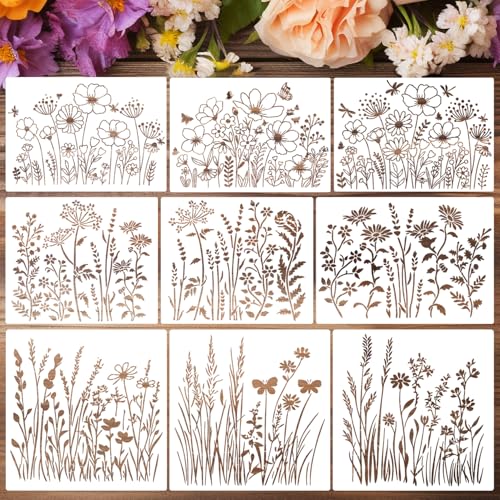 Large Flower Stencils for Painting on Walls Fence Wildflower Stencils Reusable Floral Stencil for Crafts Canvas Fabrics Furniture Outdoors