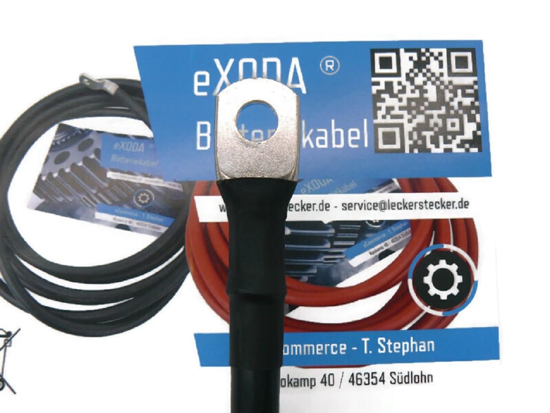 eXODA set di cavi batteria 35 mm² 75cm rosso nero con incisione M8 per 12V | Cavo batteria, 35 mm², 75 cm, rosso e nero, guaina termorestringente, 12V, occhiali M8, resistente al calore, versatile.