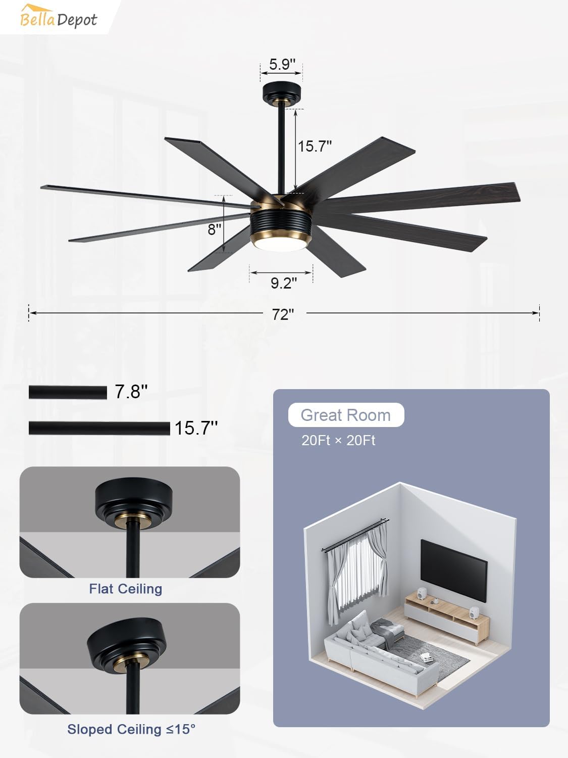 Bella Depot 72" Black and Gold Ceiling Fan Large Chandelier Fan with Light, 6-Speed, Reversible, Timing Option - Ideal for Large Living Room, Garage, and Covered Patio