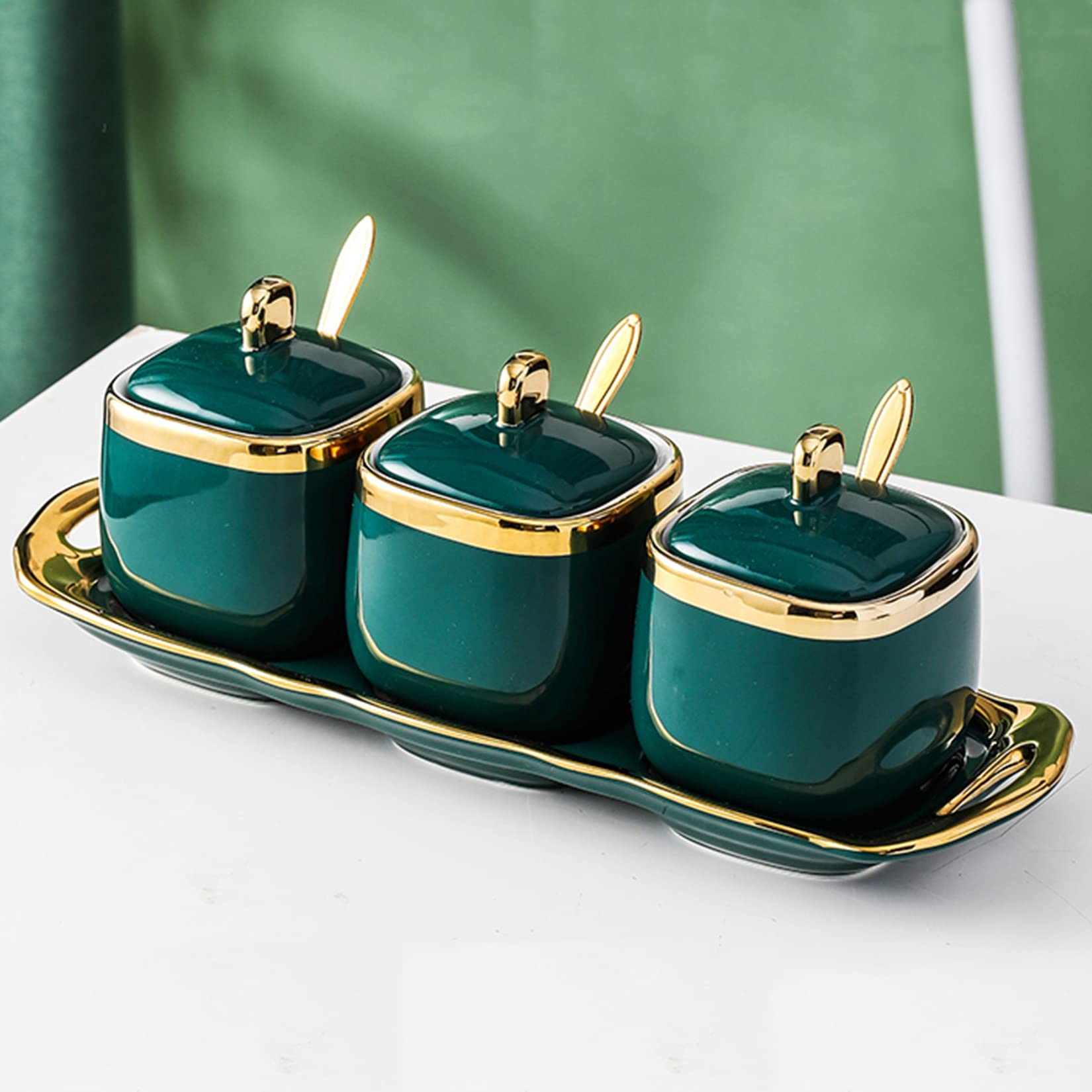 Pots à épices en céramique avec Bordure dorée, Pots à Condiments à Sucre et sel de Cuisine avec couvercles, cuillères et Plateau,Vert