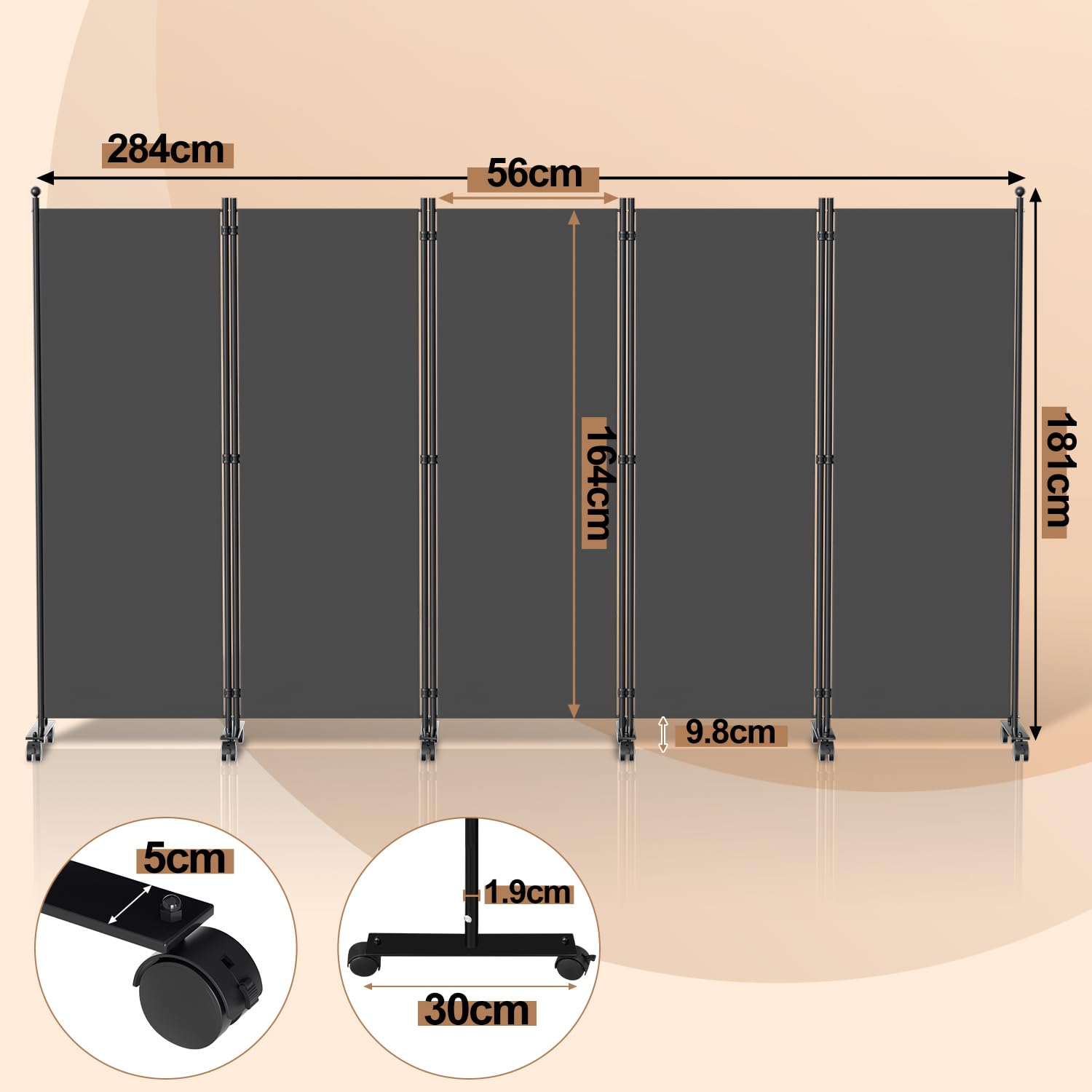 Paravent Raumteiler auf Rollen, 5 Teilig 284x181cm Raumteiler Freistehend Trennwand Paravent,blickdichter, Sichtschutz Room Divider Innen für Zuhause Büro Terrasse|Anthrazit