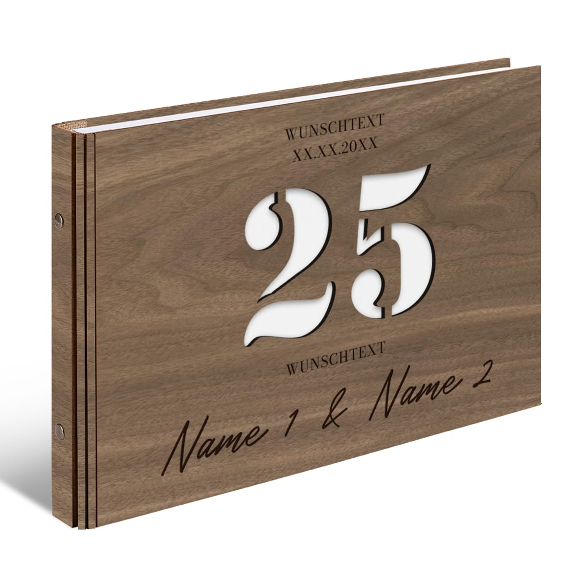 Personalisiertes Silberhochzeit Gästebuch aus echtem Holz selbst gestalten - 25 Jahre Stanze - mit 72 Blatt / 144 Seiten Naturpapier Weiß