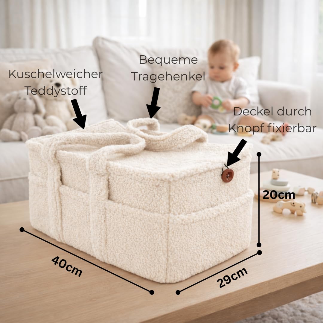TALIDA Wickelkorb Teddy Set - Wickelorganizer mit Zubehörtasche – Aufbewahrungskorb für Feuchttücher und Babyartikel - Organizer für Wickeltisch und Windeltasche, Feuchtüchertasche (2, Beige) - 4