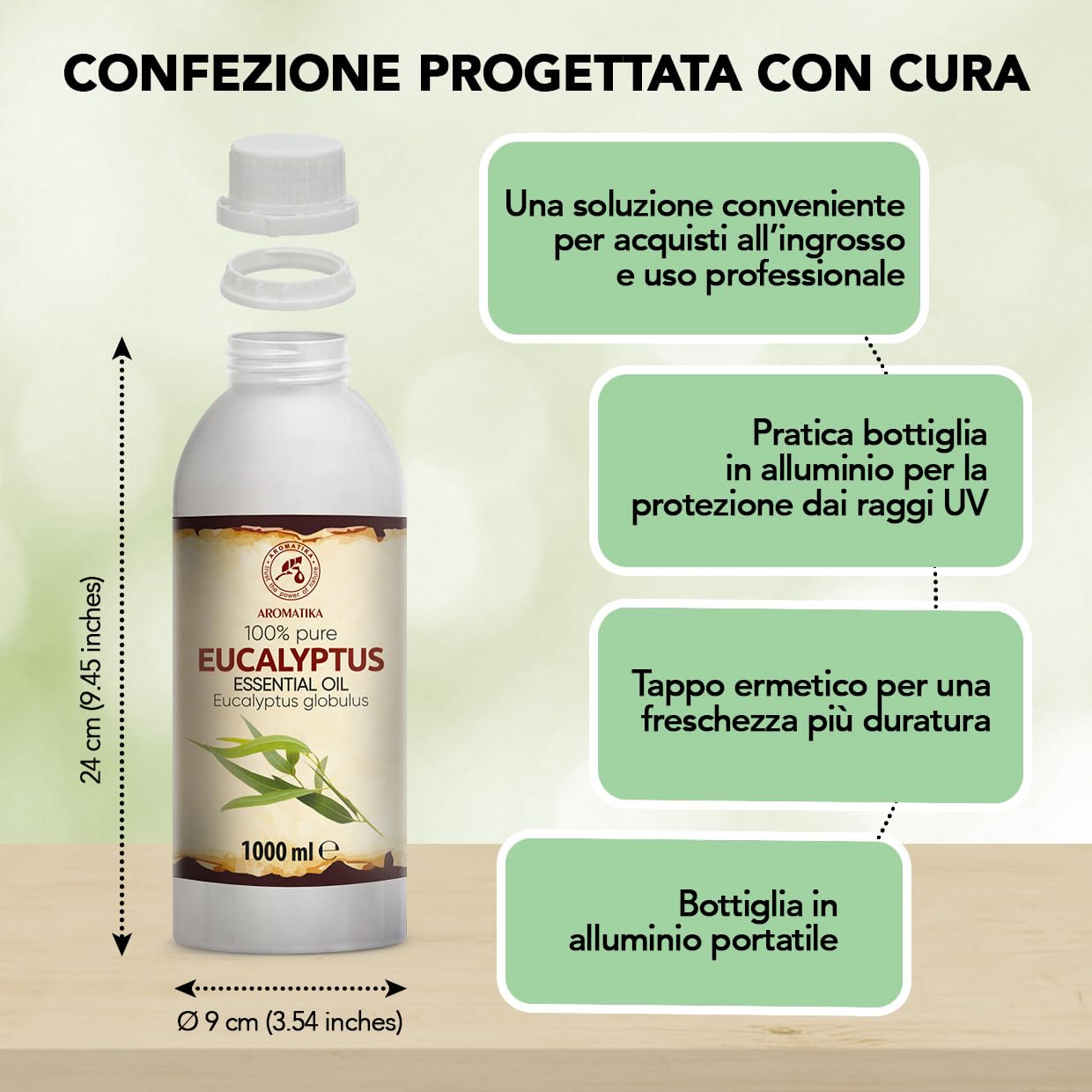 Olio Essenziale di Eucalipto 1000 ml - Eucalyptus Globulus - Naturale e Puro - Olio essenziali per Diffusori - Profumi per la Casa - Saponi e Candele - Sauna - Aroma Eucalipto - Aromaterapia