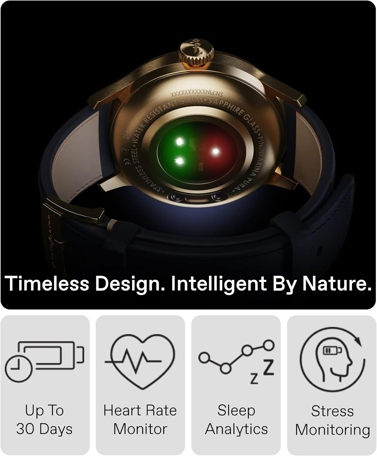 pininfarina PURA Hybrydowy smartwatch – luksusowy zegarek analogowy ze śledzeniem kondycji, monitorowaniem tętna i snu, monitorowaniem aktywności, do 30-dniowego czasu pracy baterii (Nero Steel)