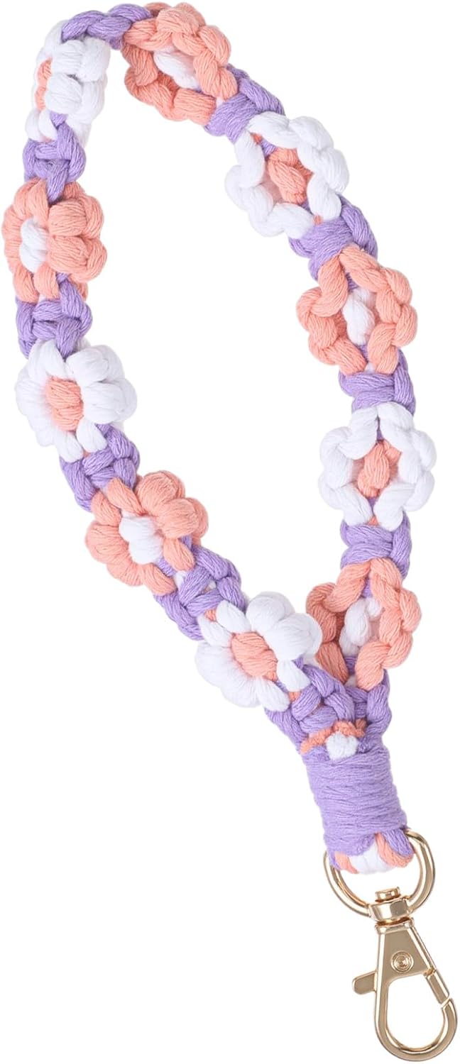 Guduling Handmade Crochet Daisy Macrame Keychain Wristlet - Purple Flower Boho Key Ring for Women, Teens & Gifts