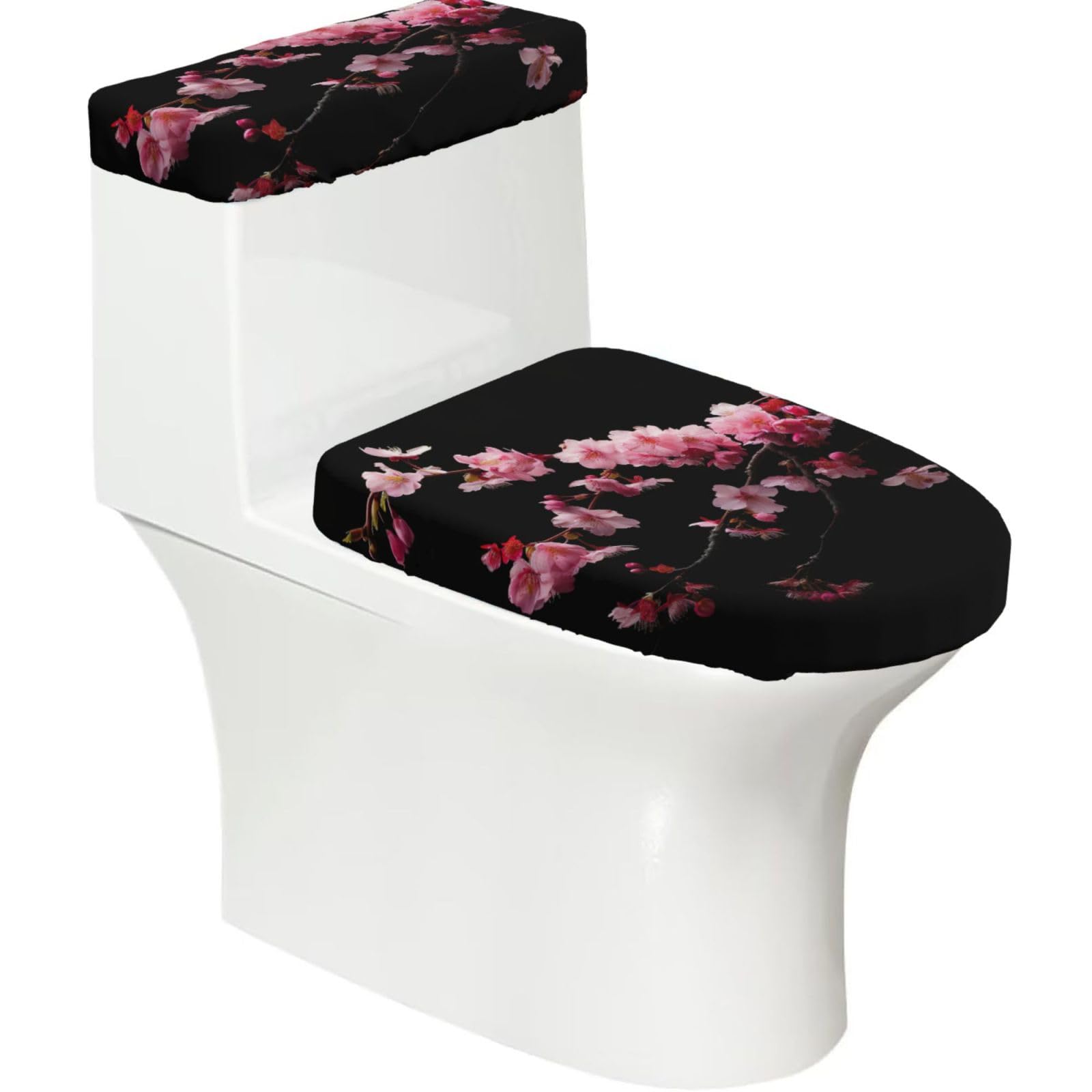 Japanese Cherry Flowers Printed Toilet Tank and Lid Cover Set of 2 for Most Bathrooms, Fits Elongated Round Toilets