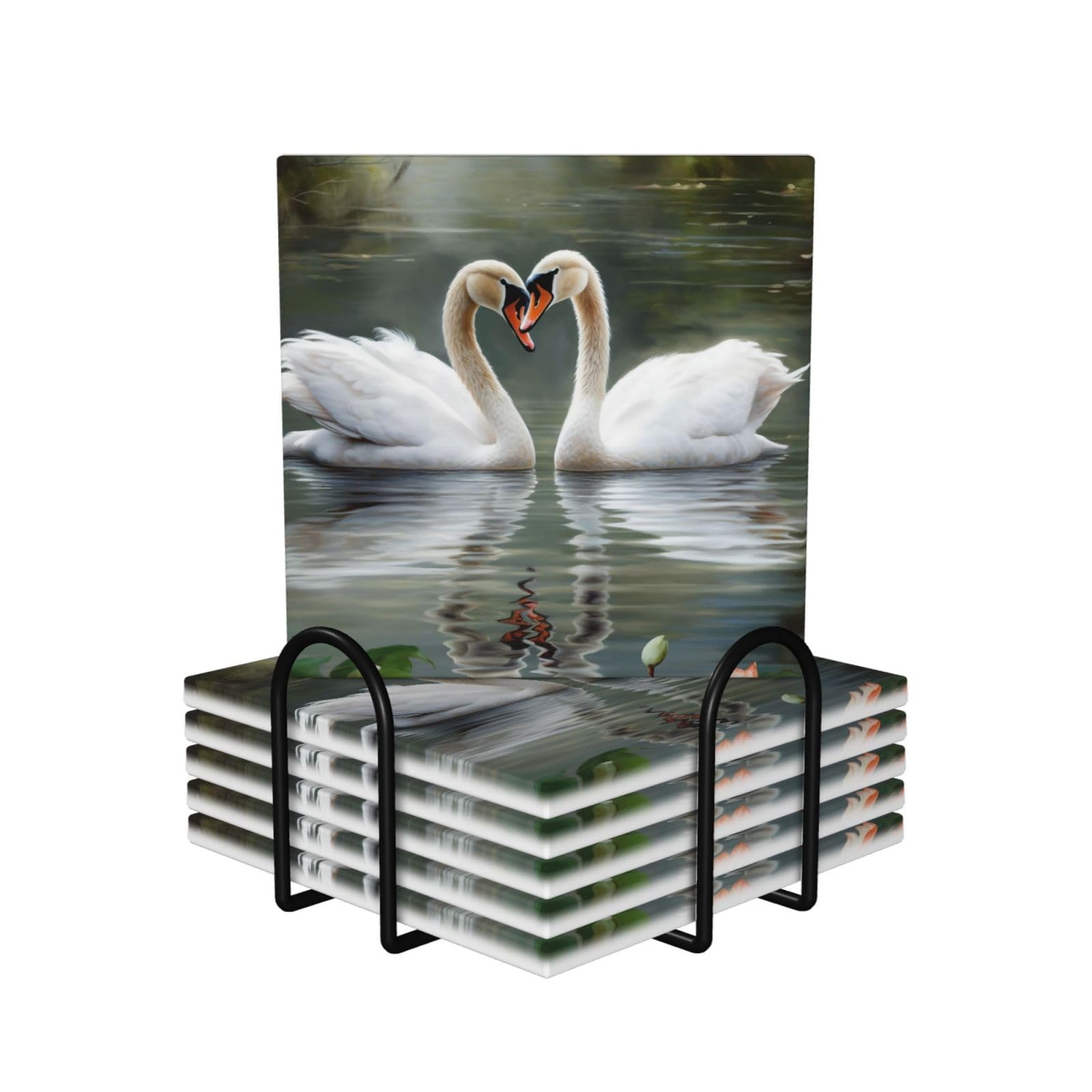 Dessous de verre en céramique carrés lot de 6 avec support noir - Motif Deux cygnes 10,4 cm