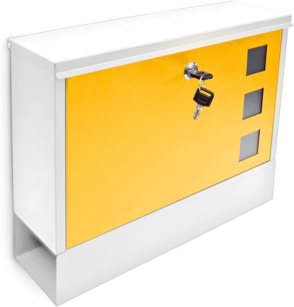 Relaxdays Modern Coloured Mailbox Letterbox Lockable with Two Keys & Newspaper Slot, White/Yellow