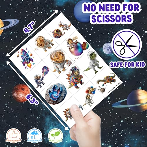 Image of 96PCS Kids Temporary Tattoos - Realistic 3D Cosmic Space Dinosaur | | Astronaut Pre-Cut Fake Tattoos for Boys Girls | Birthday Party Favors, Galaxy Theme Decorations & School Gifts