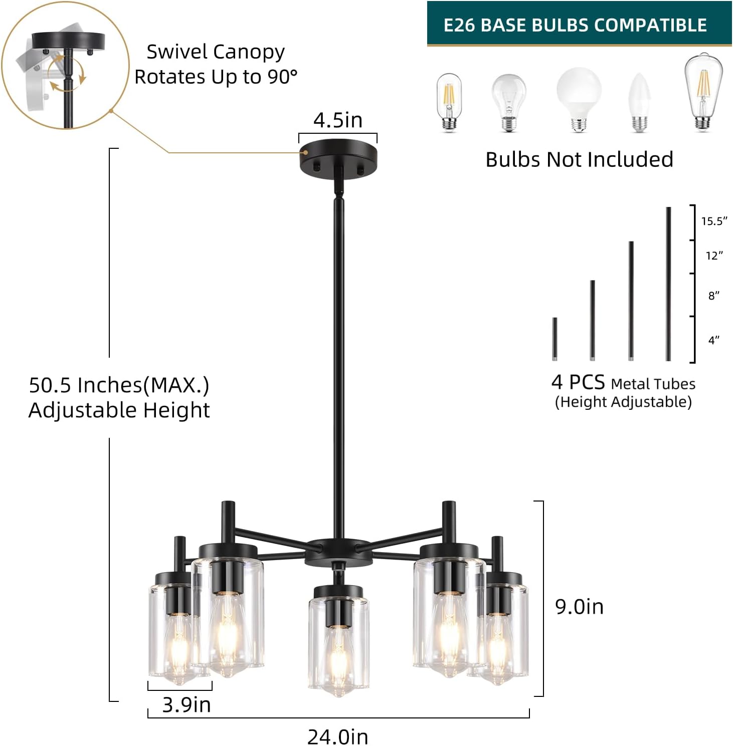 5 Lights Black Modern Farmhouse Chandelier for Dining Room with Glass Shade, Pre-Wired Height Adjustable Pendant Light Ceiling Lighting Fixture for Dining Living Room Bedroom Kitchen Foyer