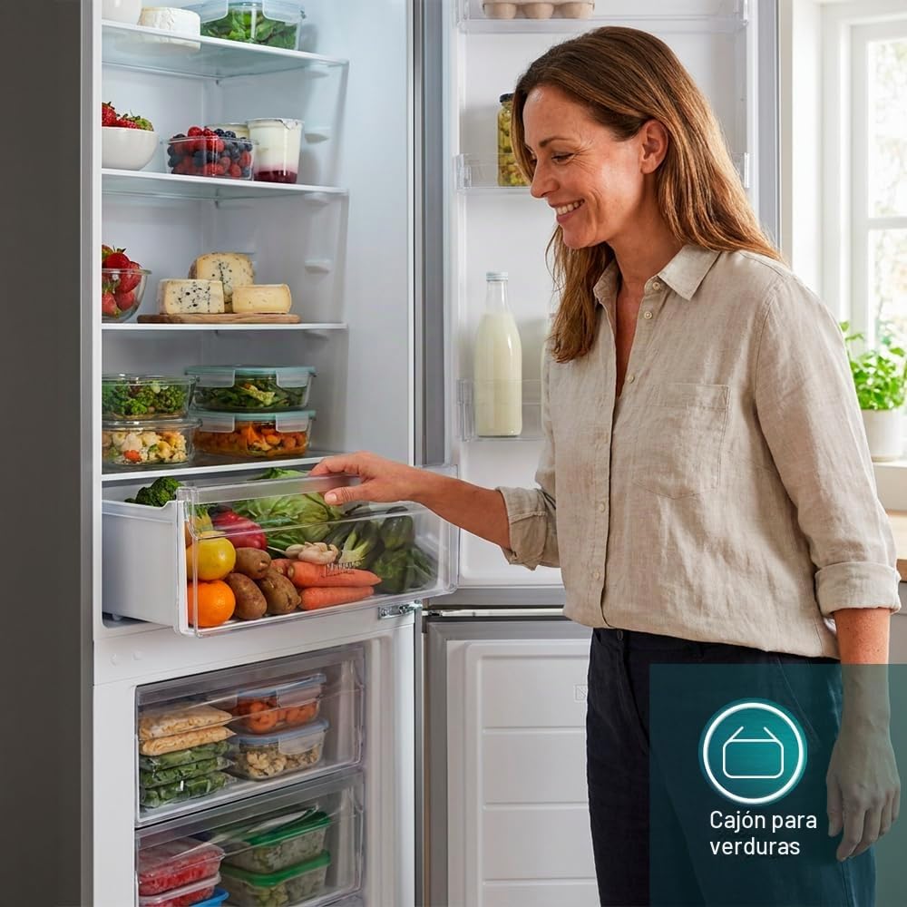 SVAN Frigorífico Combi Inox 2 Puertas, OC18050EI00, Capacidad 262 Litros, Cíclico, Motor Universal, 40dB, Puerta Reversible, Apertura Tipo Uñero, Clasificación Energética E