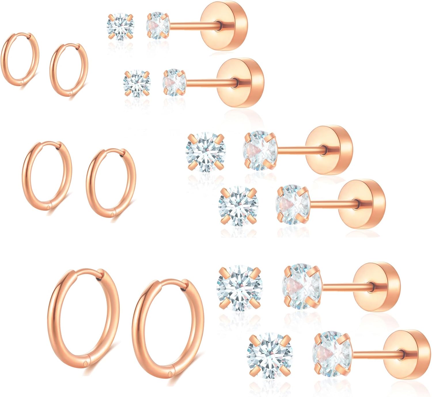 316L Surgical Stainless Steel Rose Gold Hoop Earrings Flat Back Stud Earrings Set Huggie Hypoallergenic Earrings Hoop Cartilage Helix Lobes Hinged Sleeper Earrings For Men Women