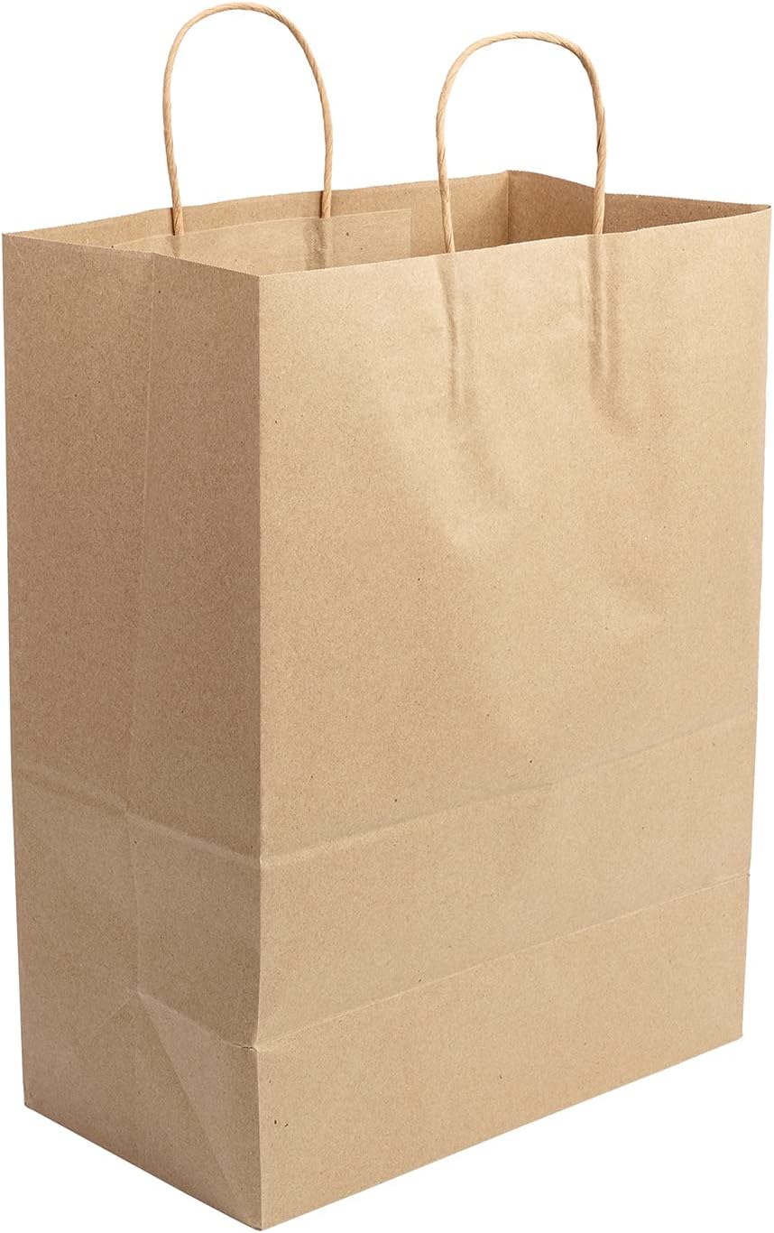 AmerCareRoyal Case of 250 Recyclable Kraft Paper Bags With Twisted Handles - Eco-Friendly Brown Grocery Packaging - Durable Shopping Bags - 13"x7"x17"