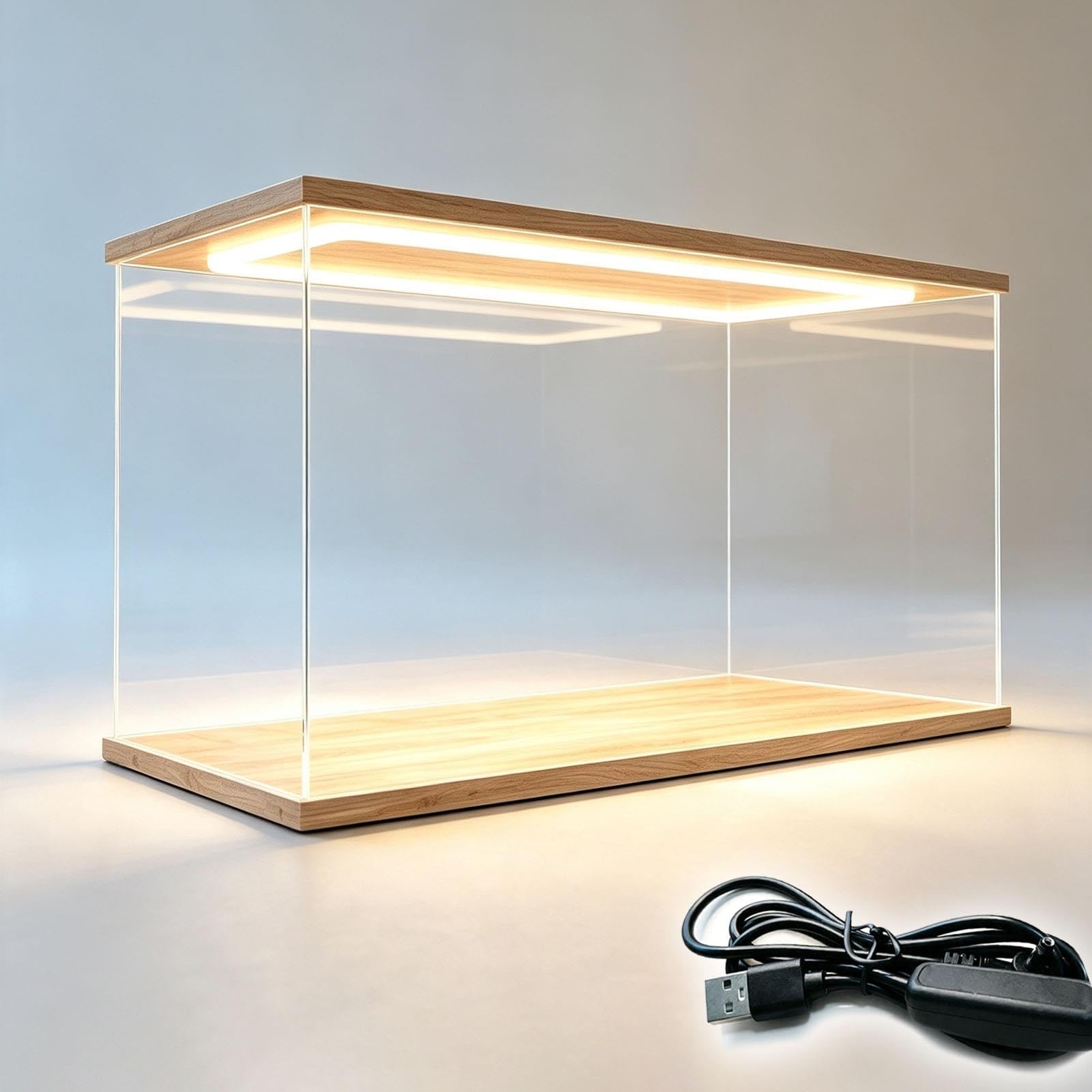 Vetrinetta Espositiva Scatola in Acrilico Illuminata con Base Effetto Legno | Piccola Vetrina Rettangolare Trasparente con Sportello, da Assemblare, Scatola Portaoggetti in Acrilico Antipolvere per Auto