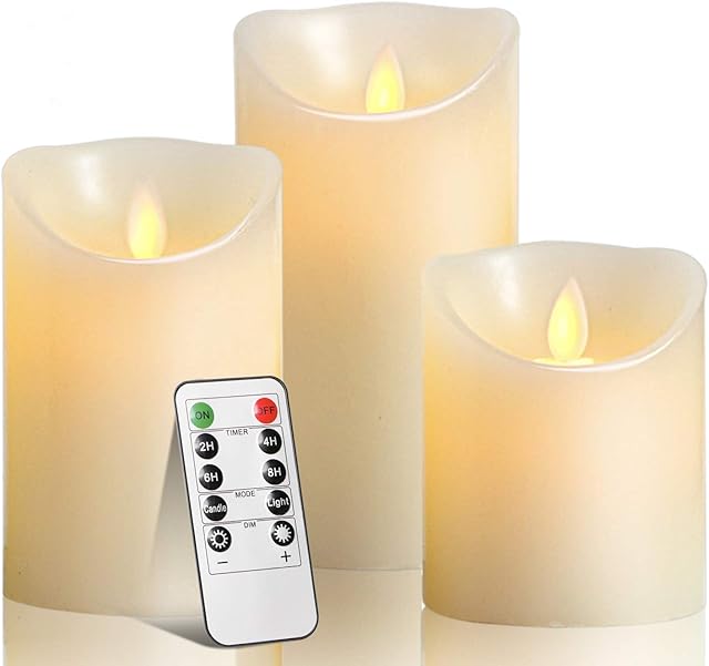 OSHINE LED Candles Flickering Candles 300 Hour Decorating Pillars, Real Wax Battery Candle Pillars, Realistic Dancing Mood Candles and 10 Key Remote Control with 24 Hour Timer Function (Ivory)