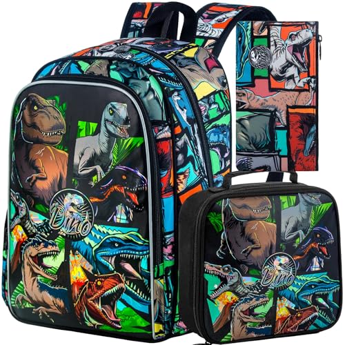 CCJPX 3PCS Dinosaur Backpack for Boys, 16 Inch Water Resistant Preschool Bookbags, Cool Kindergarten School Backpacks and Lunch Box
