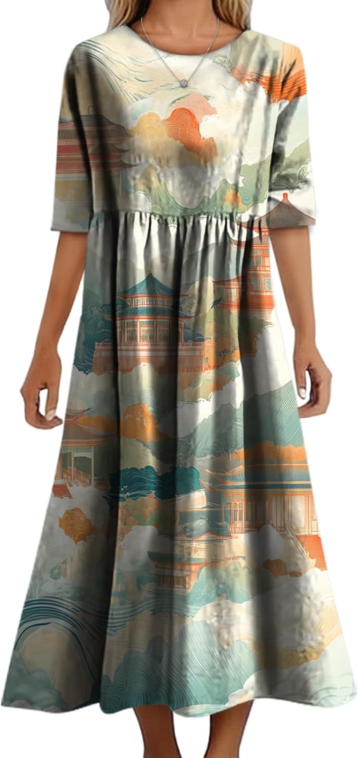 Women's Summer Maxi Dress Casual Boho Stylish Cotton Short Sleeve Flowy High Waist ...