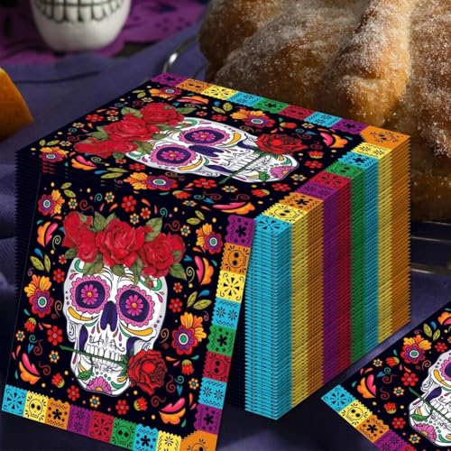 Servilletas de papel con diseño de calaveras mexicanas para decoración de almuerzos de Halloween 6