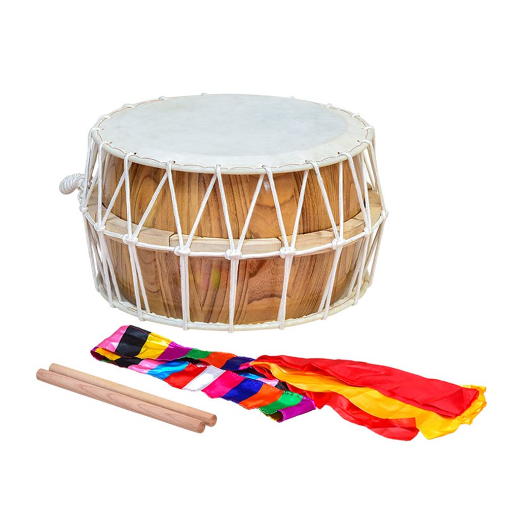 HCZKIUJY Korean Agricultural Drum, Korean-Style Drawstring Drum, Hand-Made Round Drum, Including Drum Stick*2+Ribbon*1 (36CM)
