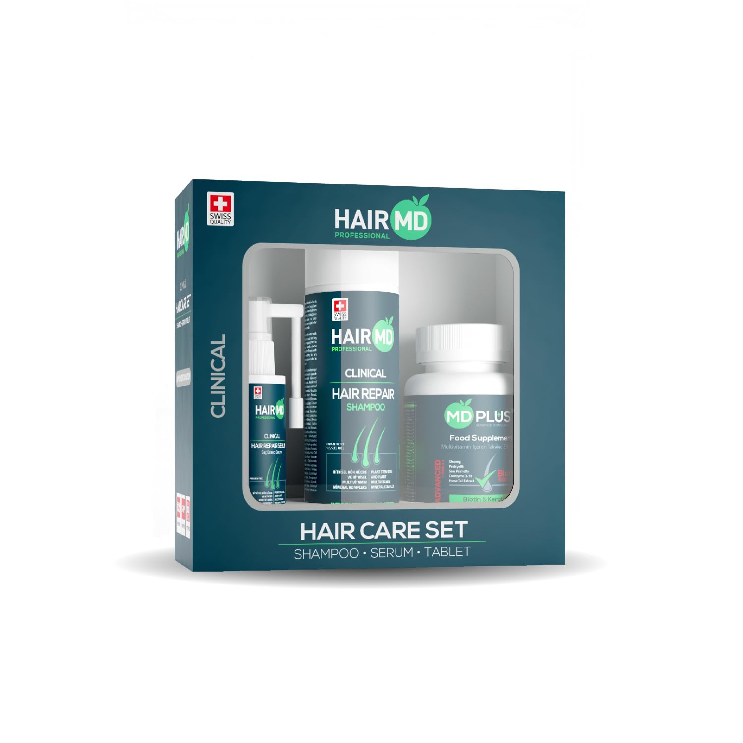 HairMD Post-Transplant Hair Care Set - 1-Month Treatment with Shampoo, Serum, Multivitamins Enriched with Biotin, Keratin, Collagen