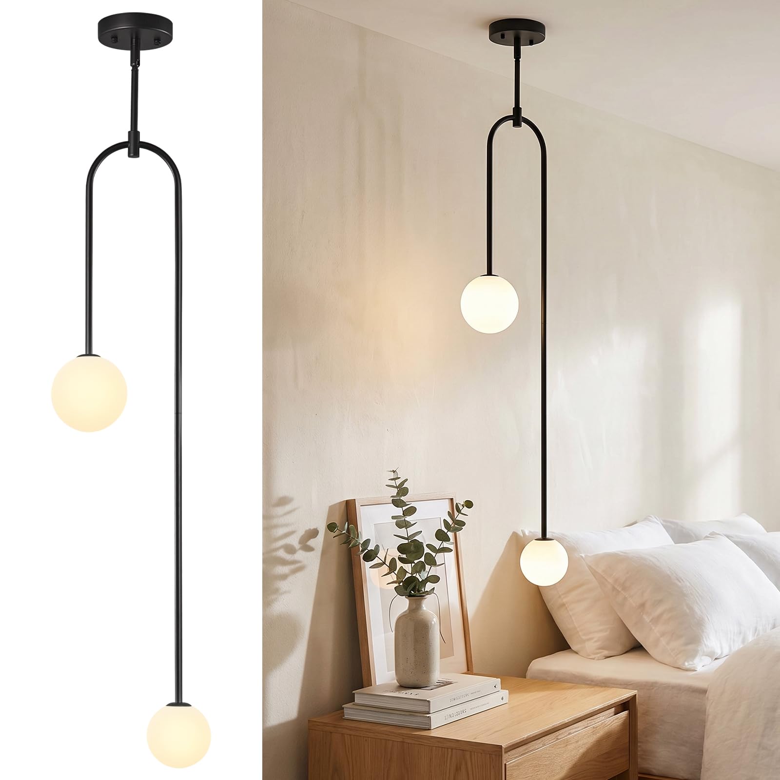 Photo 1 of LBSQJ Modern Milk Glass Pendant Light 2 Light Mid Century Chandelier Small Glass Globe Black Pendant Lights for Kitchen Island Bedroom Dining (Metal Tube Removable, 1 Pack)