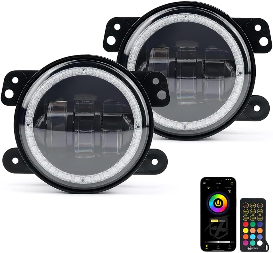 Xprite Fog Lights with RGB Halo Angel Ring and Turn Signal Light, IR & Bluetooth Wireless Dual Controlled Foglights Compatible with 2007-2018 Jeep Wrangler JK JKU, DOT Approved