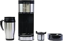 Koolatron Kenmore Single Serve Coffee Maker & Stainless Steel Travel Mug, Capsule/Pod & Ground Coffee Brewing, K Cup Compatible, Hot & Iced Coffee Machine, 6 to 14 Oz Brew Sizes, Auto Shut-Off, Black