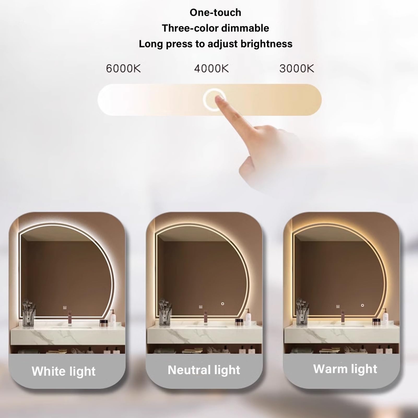 Lustro łazienkowe z podświetleniem LED, półksiężyc, 60 cm, przeciwmgielne, 3-kolorowe, ściemniane, idealne do makijażu i wejścia stylowy akcent ścienny do nowoczesnego wystroju