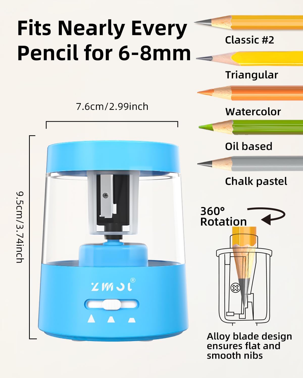 ZMOL Colored Pencil Electric Sharpener, Auto Stop, Plug-in Small Electric Sharpener Battery Powered for 6-8mm No. 2 Pencils Blue - Image 2