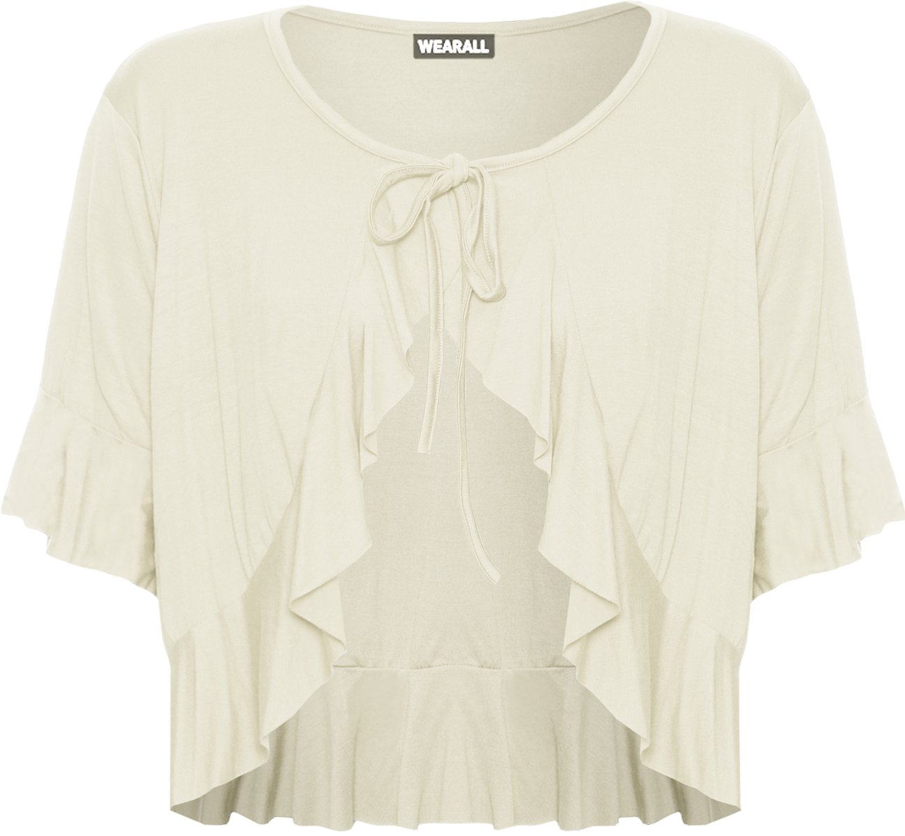 WearAll Plus Size Womens Plain Tie Up Short Sleeve Ladies Frill Shrug Top - Cream - 20-22