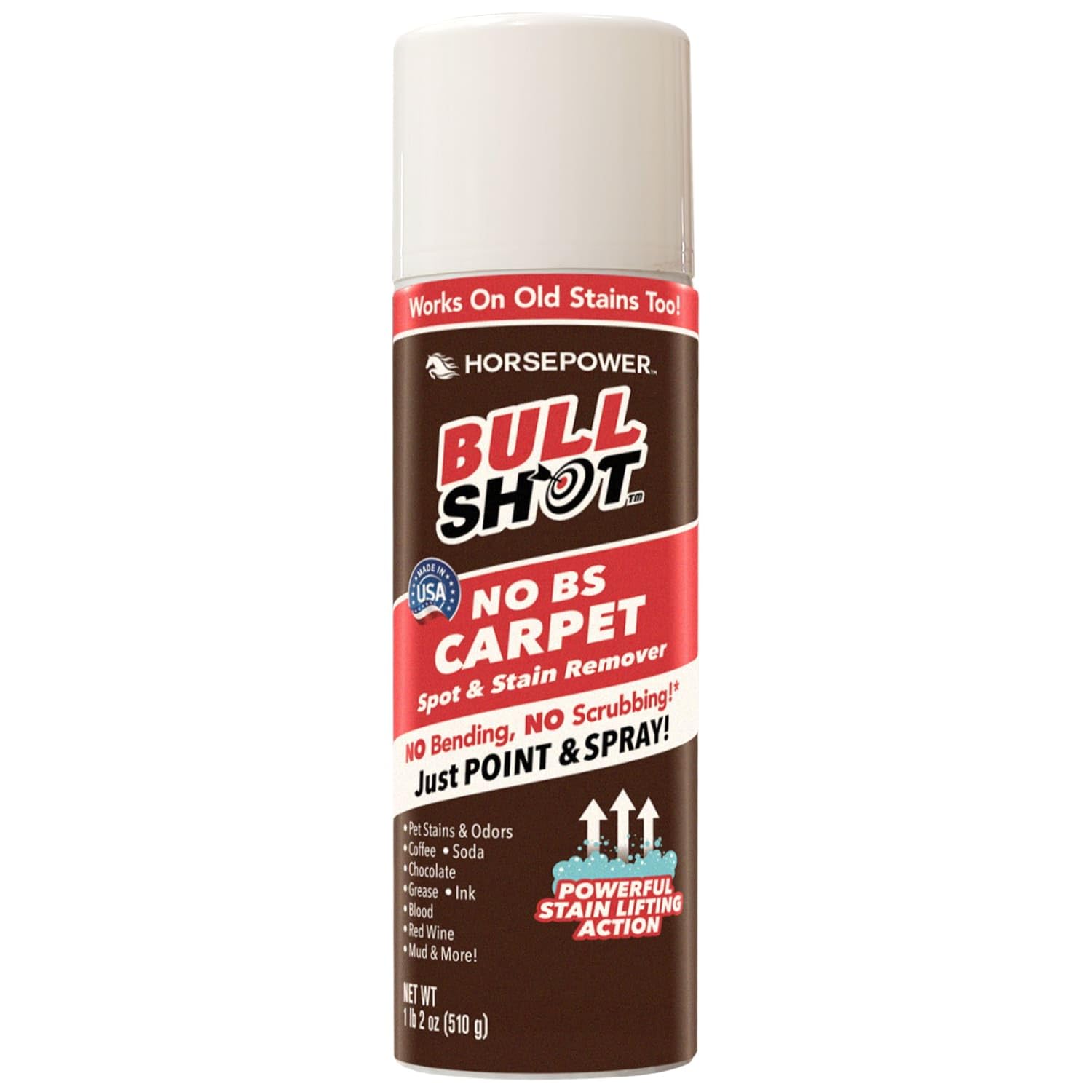 Horsepower Bull Shot No BS Carpet Spot & Stain Remover, AS-SEEN-ON-TV, Made In USA, Just Point & Spray, No Bending or Scrubbing, Hands-Free, Stain-Lifting Foam-Action, Pets Stains & Odors, Soda & More