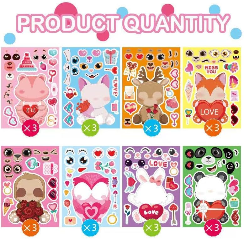 24 Sheets Valentine Stickers for Kids, Valentine's Day Make a Face Stickers, Make Your Own Stickers Animal Stickers for Boys Girls