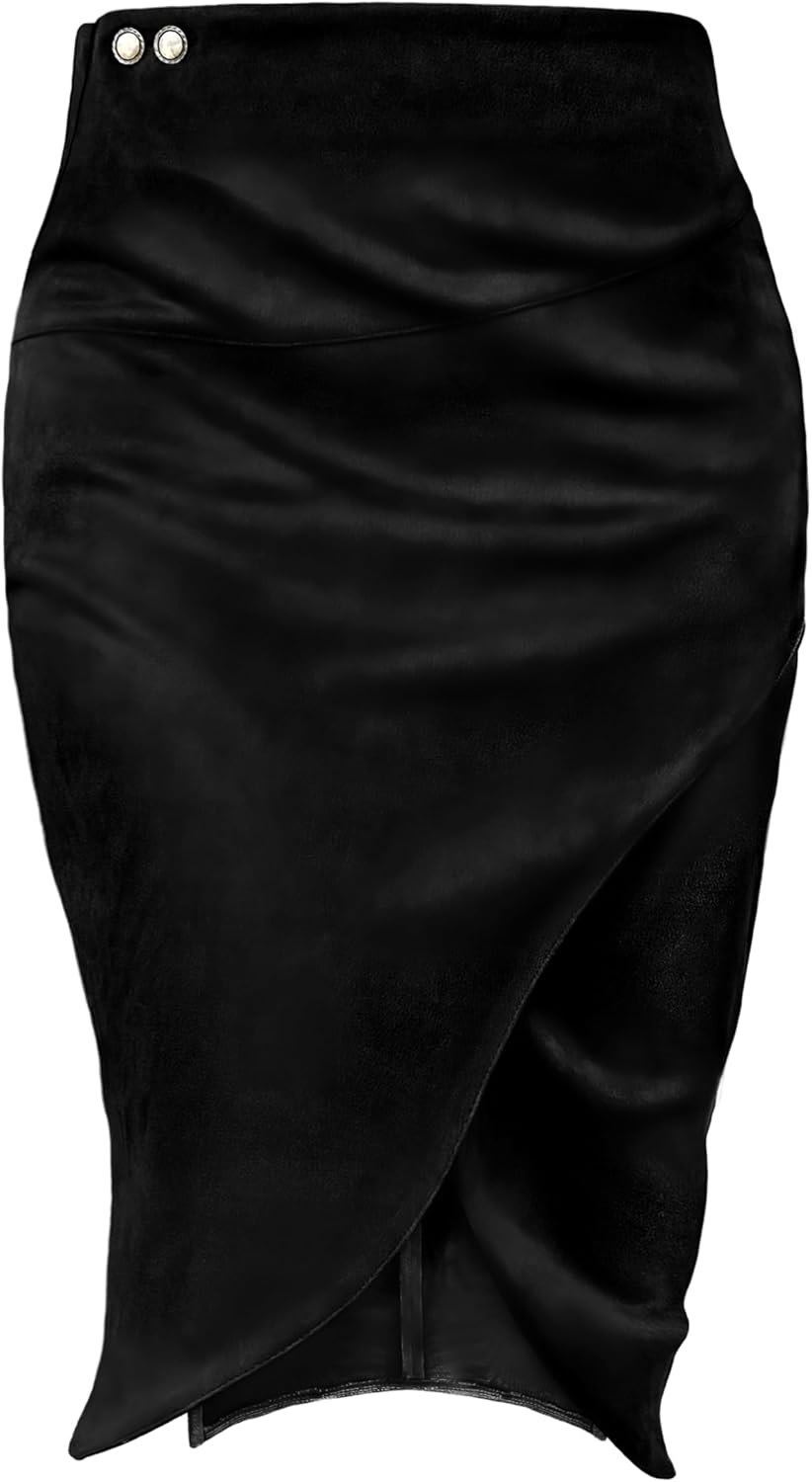 FLUFFY SENSE. Pencil Skirt for Women with Slit Tummy Control High Waist Wrap Suede Skirt Office Work Skirt with Pocket