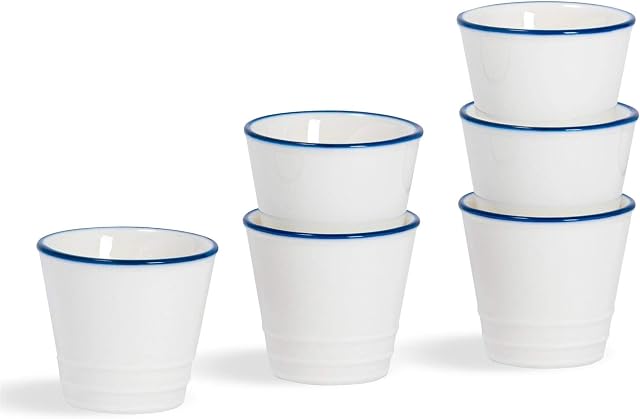 Nicola Spring Country Farmhouse White Breakfast Egg Cup Set with Blue Rims - Pack of 6 Cups