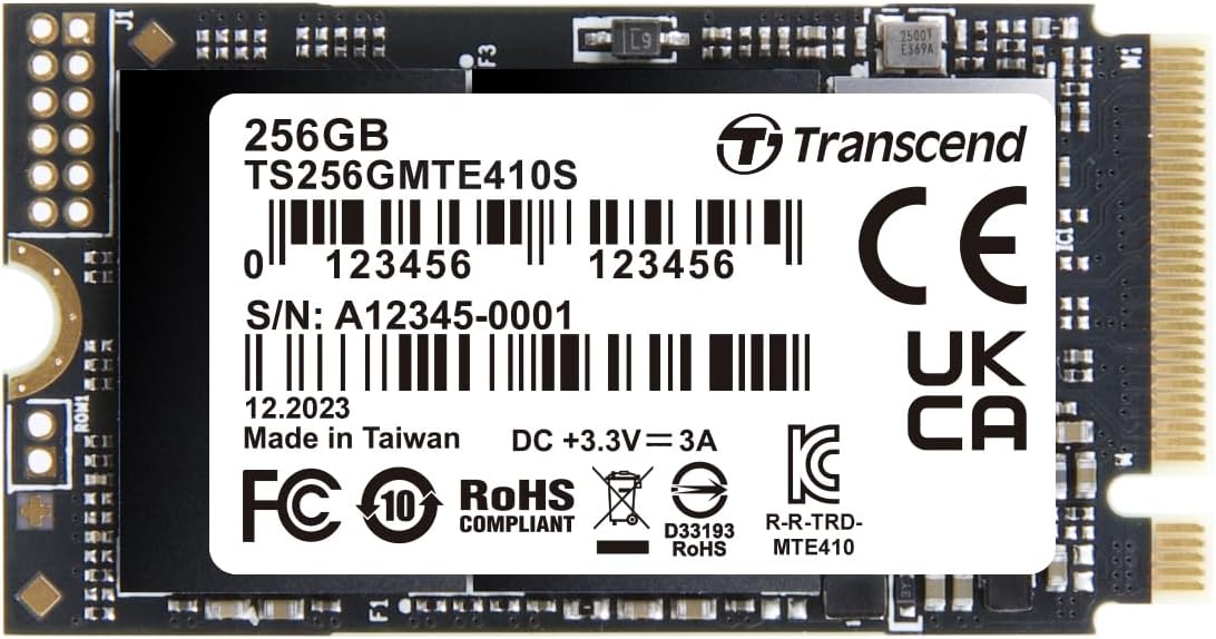 Transcend MTE410 256GB M.2 2242 SSD Up to 3300MB/s PCIe Gen4x4 NVMe 3D TLC for Ultra-Thin Laptops/Lenovo Legion Go&Yoga Gen 6/ASUS ExpertBook&ZenBook/Mini PC/DRAM-Less Design for Low Power Consumption