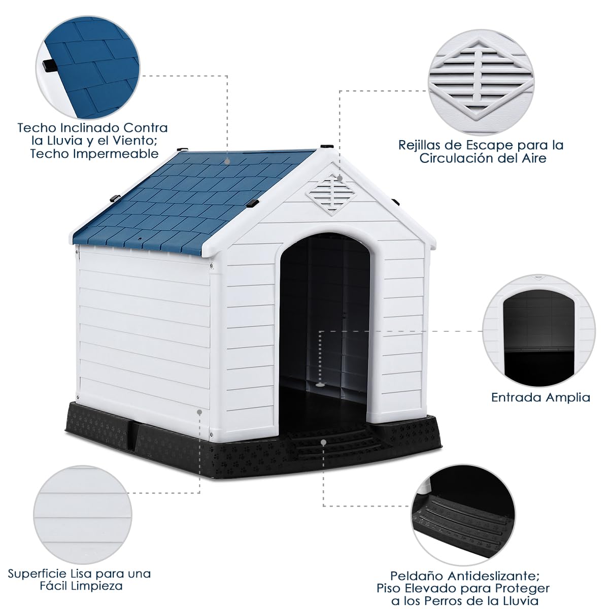 GYMAX Casa Perro, Caseta para Perros Exterior para Pequeños y Medianos, 72,5 x 66 x 70,5 cm con Suelo Elevado, Sistema de Ventilación y Estacas de Anclaje, Blanco + Azul