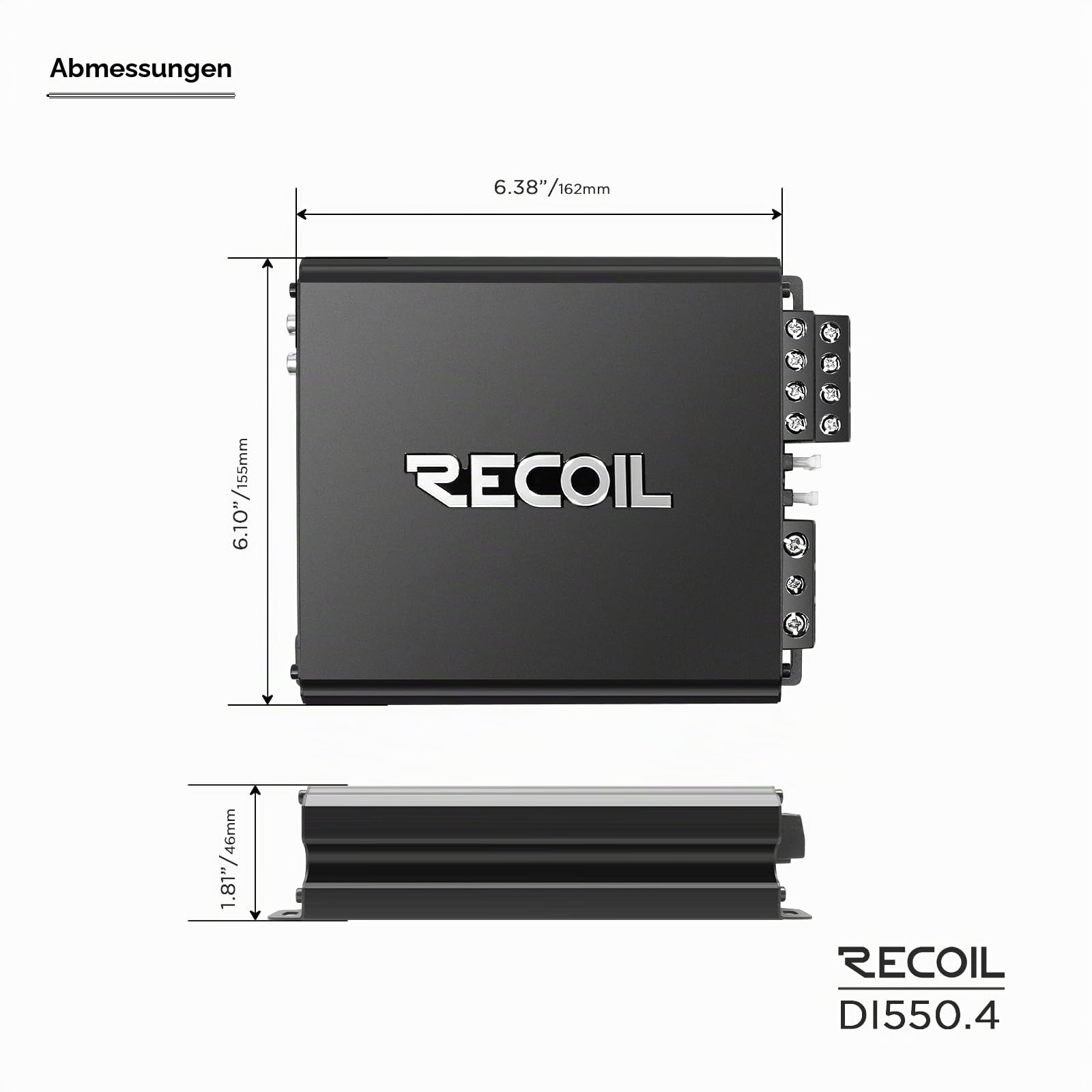 RECOIL DI550.4 Full-Range Class-D 4-Kanal Auto-Audioverstärker, 1.040 Watt Max. Leistung, 2-4 Ohm stabil, Mosfet-Stromversorgung, brückbar | MOSFET Netzteil, HPF LPF Crossover, Bas-EQ, Schutzschaltung, Bridgeable, 130Wx4@2Ohm, 80Wx4@4Ohm, 260Wx2@4Ohm
