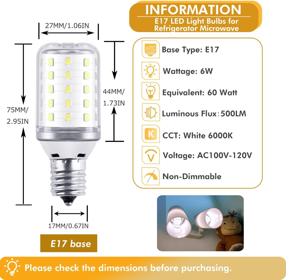 Microwave Light Bulb 6W E17 LED Bulb 60 Watt Incandescent Bulb Equivalent, E17 Light Bulb for Oven Under Hood Refrigerator Range Hood Appliance White 6000K (Pack of 2)